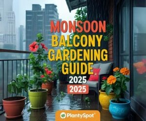 Monsoon balcony garden with lush green plants, hanging baskets, and rain droplets on leaves