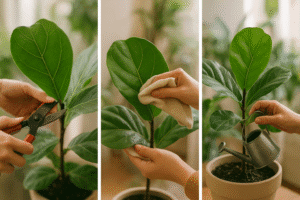 Fiddle-leaf fig care with watering, pruning, and cleaning indoors.