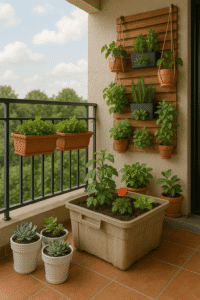 Balcony garden ideas with vertical herb wall, hanging planters, potted plants, rail planters, succulents in self-watering pots, and recycled container planter for a budget-friendly, low-maintenance outdoor space.