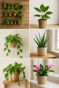 Collage of trending indoor plants for 2025, featuring a plant wall with succulents, snake plant near a window, trailing pothos in a macrame hanger, aloe vera in golden pot, and Christmas cactus with pink blooms on a windowsill.