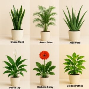 Collection of high-oxygen indoor plants like snake plant, areca palm, aloe vera, peace lily, gerbera daisy, and golden pothos arranged in a bright living room for fresher air