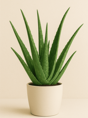 Aloe Vera (Aloe barbadensis miller) Aloe vera plant in a small clay pot on a sunny kitchen windowsill producing oxygen at night