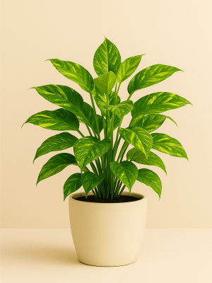 Golden Pothos (Epipremnum aureum) Golden pothos trailing from a hanging basket filtering toxins and refreshing indoor air