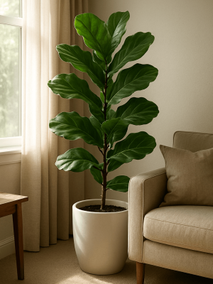 Tall Fiddle Leaf Fig in living room Tall fiddle-leaf fig in white pot by sunny window.