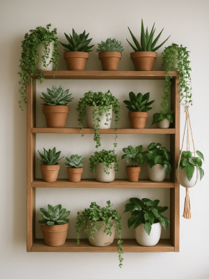 Indoor plant wall with mixed succulents and hanging plants Indoor plant wall featuring mixed succulents and trailing hanging plants, eco-friendly home décor idea.