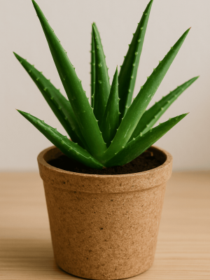 Close-up aloe vera plant in eco-friendly pot Close-up of fresh aloe vera plant in an eco-friendly pot, natural indoor healing plant.