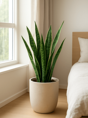 Snake plant in modern planter near a bedroom window Snake plant in a sleek modern planter placed near a bedroom window for air-purifying benefits.