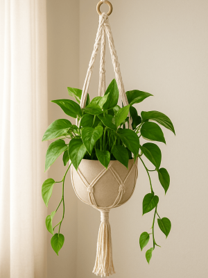 Trailing pothos plant in a macrame hanger indoors Trailing pothos plant in a macrame hanger, stylish indoor greenery décor idea.