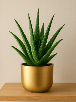 Golden pot with aloe vera plant on wooden shelf Aloe vera plant in a golden pot placed on a wooden shelf, modern indoor plant décor.