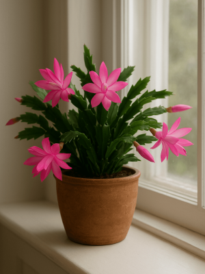 Christmas cactus with pink blooms on a windowsill Christmas cactus with bright pink blooms on a sunny windowsill, trending houseplant 2025.